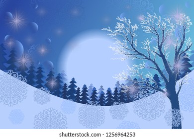 Beautiful winter landscape in blue colors. Christmas background - forest, tree, moon, snowflakes, stars. Happy winter. Merry Christmas. Vector.