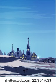 Beautiful winter landscape with bright sun rays, white snow field, mountains, with Town hall, castle,chapel, beautiful houses and a large drifts in the foreground. Landscape background for your arts