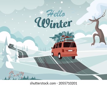 Beautiful winter landscape. Landscape with a cute van on the road with christmas tree and gifts. Xmas concept. Vector illustration in flat style.
