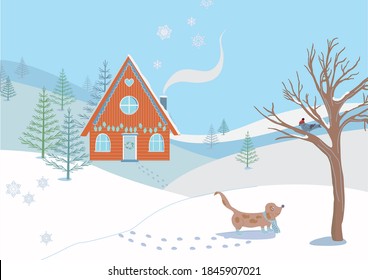 Beautiful winter landscape with dog and bird, snow covered wooden country house, snowy fields, winter forest. Christmas season. Winter holidays greeting card. Flat style vector illustration.