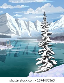 Beautiful winter landscape with an emerald lake, forest, mountains and a large spruce in the foreground. Landscape background for your arts