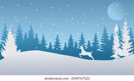 Beautiful winter landscape featuring a serene snowy forest under a moonlit sky. Silhouettes of pine trees and a graceful deer create a peaceful seasonal atmosphere with softly falling snowflakes.