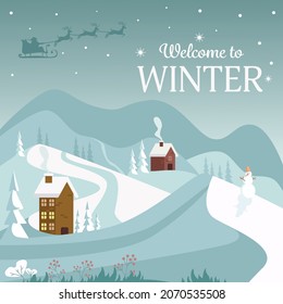 Beautiful winter landscape with fir trees, houses, snowman and santa with reindeer. Vector illustration.