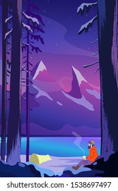 Beautiful winter landscape flat design concept. Man sitting in the forest and drinkin hot tea on a background of mountains. Wild nature vector illustration.