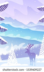 Beautiful winter landscape flat design concept. Deer standing in the forest on a background of mountains. Wild nature vector illustration.