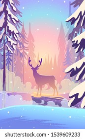Beautiful winter landscape flat design concept. Deer standing in the forest on a background of mountains. Wild nature vector illustration.
