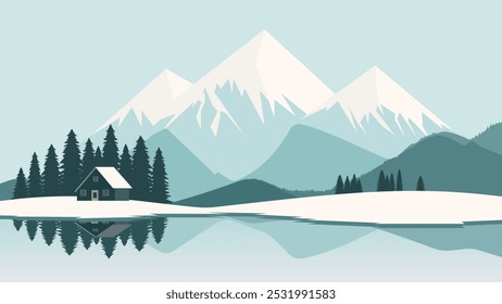 Beautiful winter landscape with a house on the shore of a mirror lake against the backdrop of a forest and amazing snow-capped mountains. Winter nature vector illustration.