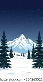 Beautiful winter landscape illustration with snowy mountains, pine trees, starry night sky, and snow-covered ground. Perfect for nature, travel, adventure, and holiday season themed design projects.