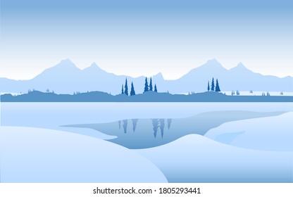 beautiful winter landscape with lake and snow trees and mountains