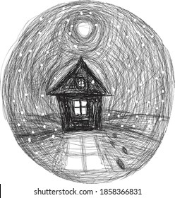 
Beautiful winter landscape with a lonely house in the snow with a full moon Christmas card pencil painting  snow outside the window Pencil sketch Emotional style Linear shading Expression hand drawn