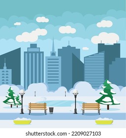 Beautiful winter landscape of a modern city. Vector illustration.