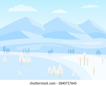 Beautiful winter landscape with mountain and pine tree, vector illustration flat design.