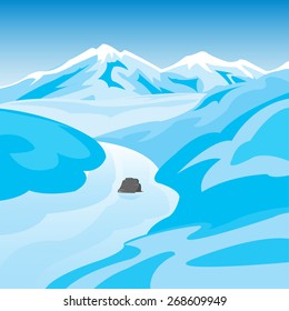 Beautiful winter landscape with mountain and river
