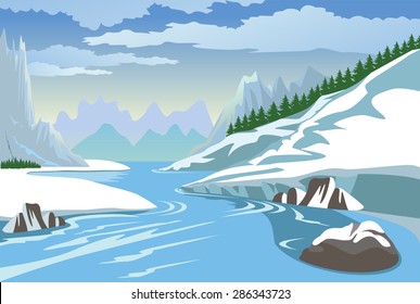 Hermoso paisaje invernal con montaña y río