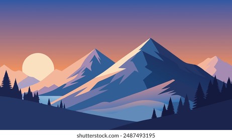 Beautiful winter landscape in the mountains. Sunrise flat vector illustration