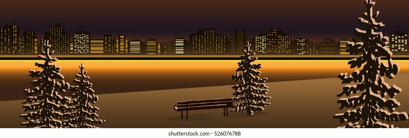 a beautiful winter landscape with a night city view; vector illustration; a realistic snowy view with fir trees and urban cityline of urban buildings; a long horizontal banner great as a header