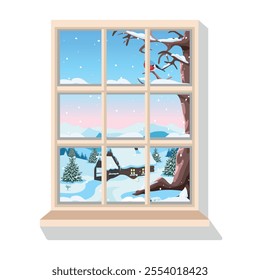 Beautiful winter landscape outside the window. Home comfort. Beauty of winter nature. Vector illustration.