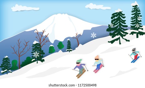 Beautiful winter landscape with people skiing on snow and mountain background,vector illustration.