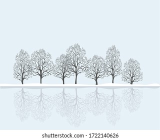 Beautiful Winter Landscape A Row Of Trees Are Reflected In The Water.Vector Illustration.