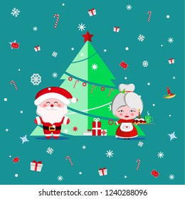 Beautiful winter landscape. Santa and Mrs Claus.Christmas Vector Illustration.