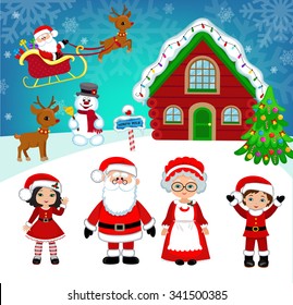 Beautiful winter landscape Santa's house. Santa and friends.Vector Illustration.