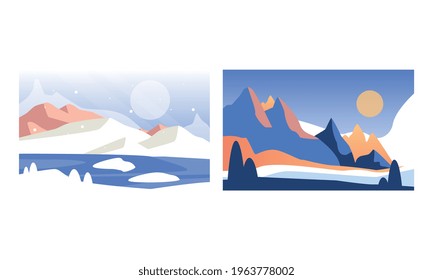 Beautiful Winter Landscape Set, Serenity Scenes of Nature at Day Time Cartoon Vector Illustration