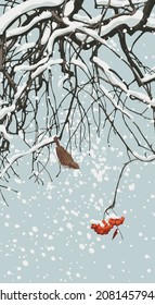 A beautiful winter landscape with snow-covered branches and red bunch of a Rowan tree and a small frozen sparrow on a background of grey sky. Snowy vector illustration