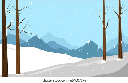 Beautiful winter landscape with snowfall, mountains, trees and snowy fields.