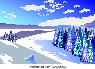 Beautiful winter landscape. Snowy slopes and forest on a background of the cloudy sky