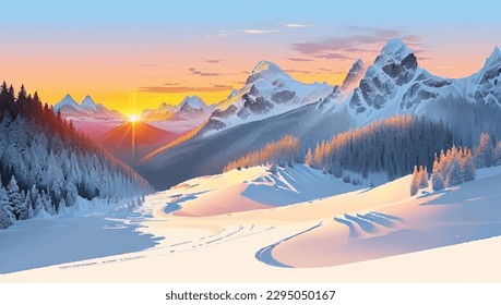 Beautiful winter landscape. Sunrise in the mountains. Vector illustration.