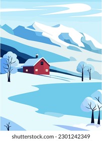 Beautiful winter landscape vector background illustration showing the cold but calm snowy climate with a red house and chimney beside the frozen lake. Mountains can be seen in the distance.