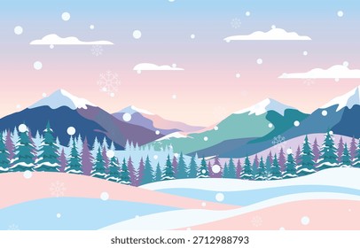 Vetor de paisagem de inverno bonito em cores pastel com montanhas roxas e cor-de-rosa, floresta nevada e céu de gradiente de pôr do sol macio.