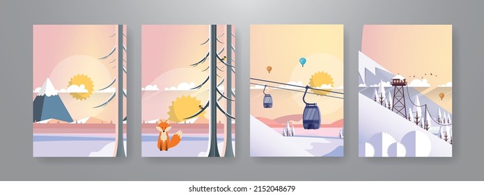 Beautiful winter landscape vector poster set.