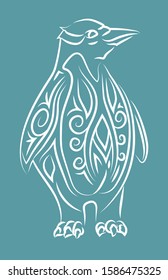 Beautiful winter linear illustration with white penguin silhouette on blue background