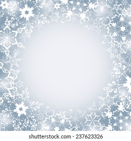 Beautiful winter luxury festive frame with white stylized snowflakes. Christmas and New Year celebratory card with place for text. Stylish celebratory grey - white background. Vector illustration
