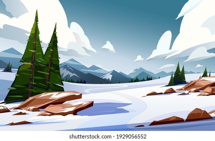 Beautiful winter mountain landscape, trees, hills snowy