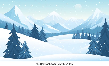 Schöne Winterberglandschaft. Schöne Sicht auf die Berge vor der Kulisse des Waldes. Vektorgrafik für Weihnachten, Neujahr oder Sportdesign. Schneetag in der Natur.