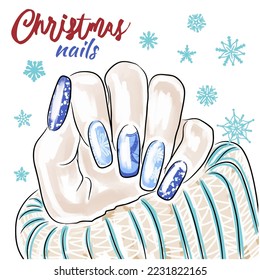 Beautiful winter nail design, hand drawn Christmas nails, manicure on the background of snowflakes