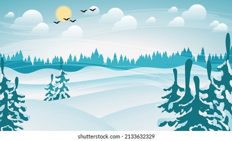 Beautiful winter natural landscape. Coniferous trees in snowy fields against the background of hills, forests, sky with sun, clouds, flying birds. Vector image.