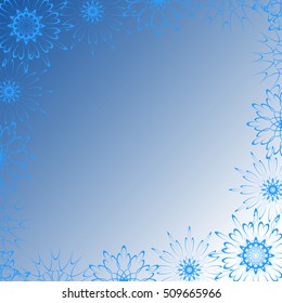 Beautiful winter openwork frame of snowflakes on a blue background. Christmas background, New Year background 2026