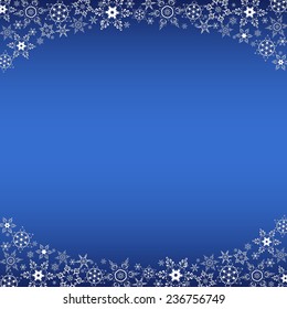 Beautiful winter oval frame blue with white stylized snowflakes. Christmas and New Year celebratory card with place for text. Stylish festive background. Vector illustration