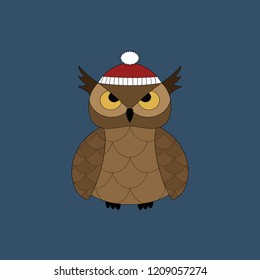 Beautiful winter owl  on blue background. Vector New Year icon. 