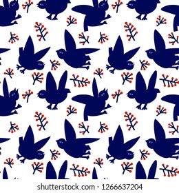 beautiful winter pattern with birds and sprigs of red rowan on white snow, seamless vector pattern on white background