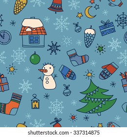 Beautiful winter pattern hand-drawn. Houses in the snow, Christmas tree, snowman, snowflakes, gifts, bells, Christmas stocking, etc.