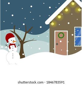 Beautiful winter picture. House in the snow. Preparing for the New Year. White snow. Cheerful snowman. Snow is falling from the sky. Vector illustration