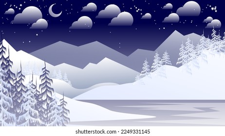 Beautiful winter polar landscape. A frozen lake among the snow-covered shores with coniferous trees against the backdrop of hills, mountains, the night sky with the moon, stars, clouds. Vector.