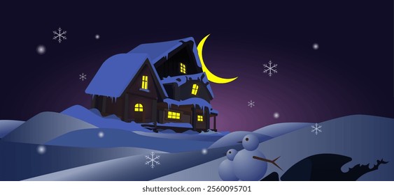 A beautiful winter scene shows a wooden house covered in snow. The pure white snow makes the scenery look lovely and peaceful. In the picture, there is a yellow crescent moon shining in the dark sky.