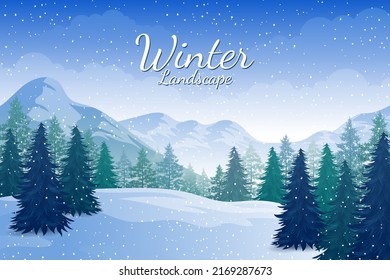 Beautiful Winter scene with snowy fir trees, mountains landscape Christmas background