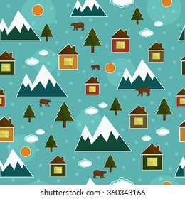 Beautiful winter seamless background with a picture houses, mountains, rocks, bears, snow, clouds, sun, trees, trees, vector.