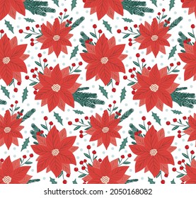 Beautiful winter season floral seamless pattern background with poinsettia - red Christmas star flower, fir tree branch and holly berry mistletoe. Cute hand drawn New Year backdrop.